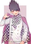  1boy artist_name bangs black_hair blush buttons checkered checkered_scarf cosplay cowboy_shot danganronpa_(series) danganronpa_v3:_killing_harmony double-breasted english_commentary eyebrows_visible_through_hair facial_hair goatee hakamii hand_up highres holding jacket jacket_on_shoulders long_sleeves looking_at_viewer male_focus momota_kaito open_mouth ouma_kokichi ouma_kokichi_(cosplay) pants pink_background pink_jacket repost_notice scarf solo spiked_hair straitjacket white_background white_jacket white_pants 