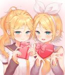  2girls aqua_eyes black_sleeves blonde_hair blush bow box breasts brother_and_sister closed_mouth commentary_request genderswap genderswap_(mtf) gift hair_ribbon hairband heart-shaped_box highres hisui_ame holding holding_box holding_gift kagamine_len kagamine_lenka kagamine_rin long_hair multiple_girls neckerchief necktie open_mouth pink_bow ponytail ribbon shirt siblings smile vocaloid white_hairband white_ribbon white_shirt yellow_nails yellow_neckerchief yellow_necktie 