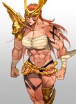  1girl abs absurdres angela_(marvel) armor bodypaint breasts cleavage highres large_breasts long_hair looking_at_viewer marvel marvel_rivals muscular muscular_female navel panties raph_mavrost red_hair sarashi scar scar_on_stomach simple_background solo thor_(marvel)_(series) underwear winged_headwear 