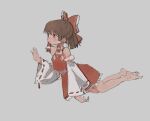  1girl bare_shoulders barefoot bow brown_hair detached_sleeves flying frilled_bow frilled_hair_tubes frilled_skirt frills full_body hair_bow hair_tubes hakurei_reimu looking_to_the_side medium_hair nontraditional_miko red_bow red_shirt red_skirt reddizen ribbon-trimmed_sleeves ribbon_trim shirt simple_background skirt solo touhou traditional_media white_background wide_sleeves 