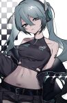  1girl absurdres aqua_hair arm_tattoo barcode barcode_tattoo belt belt_buckle black_belt buckle crop_top cropped_shirt h444 halterneck hatsune_miku headphones highres jacket long_hair midriff navel navel_piercing piercing pubic_tattoo short_shorts shorts solo tattoo twintails very_long_hair vocaloid 