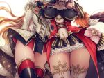  2girls ascot ass_visible_through_thighs black_ascot black_thighhighs blue_gem breasts brown_hair brown_tail commentary_request corset dress dress_flower flower frilled_dress frills gem gentildonna_(regina_dei_fiori)_(umamusume) gentildonna_(umamusume) gloves gold_embroidery gold_trim green_gem head_out_of_frame highres horse_girl horse_tail large_breasts long_hair miru_(mill_36) multiple_girls orange_hair orfevre_(control)_(umamusume) orfevre_(umamusume) pink_flower red_corset red_gem see-through_clothes simple_background tail thick_thighs thighhighs thighs umamusume very_long_hair white_background white_gloves white_thighhighs yellow_gem 