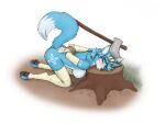 anthro areola armwear axe bent_over blue_body blue_fur blue_hair bound breasts butt canid canine clothing elbow_gloves execution feet female fingers fox fur gloves hair half-closed_eyes hands_behind_back hands_tied hands_tied_behind_back handwear hi_res imminent_death krystal_(star_fox) legwear mammal meowmere narrowed_eyes nintendo nipples nude pawpads plant rope simple_background solo star_fox stockings tail toes tree tree_stump 
