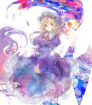  blonde_hair closed_mouth collared_dress commentary_request dress frilled_dress frilled_shirt_collar frills hat highres juliet_sleeves long_hair long_sleeves maribel_hearn mob_cap neck_ribbon puffy_sleeves purple_dress purple_eyes red_ribbon ribbon sash shards touhou unfinished uwazumi white_background white_hat white_sash 