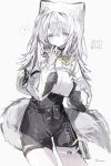  1girl ? absurdres animal_hat arknights arknights:_endfield bandaid bandaid_on_cheek bandaid_on_face black_leotard blue_eyes blush breasts cat_girl cat_tail clothes_writing cowboy_shot estella_(arknights) fingerless_gloves fluffy_tail gloves grey_gloves hand_up hat highres jacket leotard leotard_under_clothes looking_at_viewer medium_breasts nyaatori parted_lips simple_background sketch solo spoken_question_mark tail white_background white_jacket 