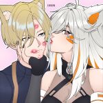  1boy 1girl absurdres ahoge animal_ears bite_mark blonde_hair cat_boy cat_ears demenishki dhrmwn20 english_commentary grey_eyes heart heart-shaped_pupils hetero highres indie_virtual_youtuber leon_s._kennedy lipstick lipstick_mark looking_at_another looking_at_viewer makeup medium_hair orange_hair purple_eyes red_panda_ears red_panda_girl resident_evil resident_evil_4 symbol-shaped_pupils upper_body virtual_youtuber white_hair 