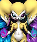  anthro black_sclera breasts digimon digimon_(species) elemental_manipulation fan_character female fire fire_manipulation front_view fur furball_(artist) genitals heterochromia looking_at_viewer magic markings navel nipples pussy renamon renimpmon_x short_stack small_breasts snaggle_tooth solo white_body white_fur yellow_body 