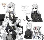  1boy 1girl angelica_(project_moon) argalia_(project_moon) arknights ascot bilingual_text black_dress black_gloves black_sweater blonde_hair blood blood_in_hair blue_eyes blue_vest closed_mouth cosplay crossed_arms dress elbow_gloves gloves highres jewelry library_of_ruina long_hair mixed-language_text multiple_views necklace project_moon rai_(r2718281) ribbed_sweater simple_background sora_(arknights) sora_(arknights)_(cosplay) sora_(melodiosa)_(arknights) sweat sweater turtleneck turtleneck_sweater twintails very_long_hair vest white_ascot white_background white_hair 