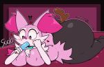 2026 absurd_res anthro bed big_breasts big_butt biped black_body blush blush_lines bonnie_(luanctoons) braixen breasts butt english_text exclamation_point eyebrows eyelashes female fingers food fur furniture generation_6_pokemon heart_symbol hi_res holding_food holding_object holding_popsicle huge_butt inner_ear_fluff luanctoons lying motion_lines nintendo on_bed on_front pink_body pink_fur pokemon pokemon_(species) popsicle popsicle_in_mouth pupils red_heart solo stick_in_ass text tongue tuft white_pupils white_sclera