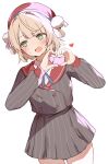  1girl :d beret blonde_hair blush cowboy_shot green_eyes hair_intakes hat heart heart_hands highres indie_virtual_youtuber jacket looking_to_the_side miniskirt open_mouth orobou red_hat red_sailor_collar sailor_collar shigure_ui_(1st_costume)_(vtuber) shigure_ui_(vtuber) shirt short_hair sidelocks simple_background skirt smile solo striped_clothes striped_jacket striped_shirt striped_skirt vertical-striped_clothes vertical-striped_shirt vertical-striped_skirt virtual_youtuber white_background 