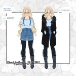  1girl absurdres alma_prisma_(lopartbymarah) black_coat black_pantyhose blonde_hair blue_eyes blue_shirt blush boots breasts closed_eyes coat collarbone crossed_arms dated denim english_text full_body fur-trimmed_coat fur_trim grey_boots highres long_hair lopartbymarah off-shoulder_shirt off_shoulder original pantyhose parted_bangs rwby shirt shorts signature solo speech_bubble suspender_shorts suspenders 