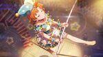  1girl audience balancing breasts card_commentary choker circus closed_eyes closed_mouth commentary_request dress earrings frilled_dress frills from_above game_asset hat holding holding_pole idolmaster idolmaster_million_live! idolmaster_million_live!_theater_days indoors jester_cap jewelry official_art orange_hair pole polka_dot polka_dot_dress rope shoes short_hair smile solo_focus stage_lights star_(symbol) star_choker third-party_source walking yabuki_kana yellow_shoes 