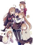  ahoge belt beret black_choker black_gloves black_ribbon black_skirt black_streaks blue_eyes blue_hair blue_ribbon blush braid braided_bangs breasts brown_hoodie carrying carrying_person chain chain_headband choker detached_sleeves emimhok emo_fashion fanged_bangs feather_hair_ornament feathers friend_(nanashi_mumei) gloves hair_intakes hair_ornament hat heart heart-shaped_gem heart_choker highres holocouncil hololive hololive_english holopromise hood hoodie huge_ahoge korean_commentary large_breasts multicolored_hair multiple_persona nanashi_mumei nanashi_mumei_(1st_costume) nanashi_mumei_(casual) nanashi_mumei_(emo) nanashi_mumei_(new_year) official_alternate_costume ouro_kronii ouro_kronii_(1st_costume) oversized_clothes pinstripe_pattern pinstripe_shirt pinstripe_skirt pout princess_carry puffy_sleeves red_shawl ribbon shawl shirt skirt sleepy streaked_hair striped_clothes striped_sweater sweater sweater_under_shirt torn_clothes torn_sweater two-tone_sweater virtual_youtuber white_background white_streaks 