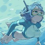 1girl absurdres aqua_eyes bikini bikini_bottom_only blue_archive blue_bikini blue_hair blue_jacket breasts commentary cropped_jacket full_body highres holding_breath jacket miminushi multicolored_jacket saki_(blue_archive) saki_(swimsuit)_(blue_archive) short_hair snorkel solo swimming swimsuit toes two-tone_jacket underwater untranslatable_commentary white_jacket 