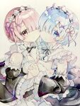  2girls absurdres aqua_eyes aqua_hair artist_collaboration breasts cleavage commentary_request highres holding_hands llatteowo looking_at_viewer maid multiple_girls paintbrush painting_(medium) pink_eyes pink_hair ram_(re:zero) re:zero_kara_hajimeru_isekai_seikatsu rem_(re:zero) sketchbook towa_k76 traditional_media watercolor_(medium) 