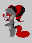  absurd_res ambiguous_gender anthro bell black_body black_fur bourwer_clown clown clown_nose cute_fangs eyebrows eyelashes fangs fur grey_body grey_fur head_tuft hi_res magnus_(rhapsody) markings neck_scar pawpads red_body red_eyes red_fur red_pawpads rhapsody_tenrai ring_(marking) scar solo tail teeth trans_(lore) trans_man_(lore) tuft 