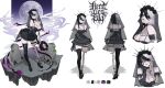  1girl absurdres belt black_belt black_boots black_dress black_flower black_hair black_lips black_rose boots breasts character_name color_guide commentary dress english_commentary exposed_bone flower full_moon grey_hair hair_between_eyes hair_flower hair_ornament hands_on_own_cheeks hands_on_own_face here_lies_ella highres indie_virtual_youtuber inhoso jewelry lace-up_boots mismatched_sclera moon multicolored_hair multiple_views necklace parted_lips rose second-party_source single_thigh_boot split-color_hair thigh_belt thigh_boots thigh_strap tombstone veil 