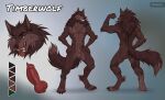 abs anthro balls brown_body brown_fur canid canine canis erection fangs fur genitals hi_res knot knotted_penis male mammal melianah model_sheet muscular muscular_male penis sharp_teeth solo teeth timberwolf_(character) wolf