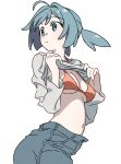  1girl ahoge ashikare blue_eyes blue_hair blush bra breasts cleavage clothes_lift clothes_pull denim foreshortening from_below highres jeans long_sleeves looking_to_the_side low_ponytail midriff navel off_shoulder orange_bra original pants parted_lips ponytail shirt shirt_lift shirt_pull short_hair side_ponytail simple_background solo stomach surprised underwear upper_body white_background white_shirt wide-eyed 