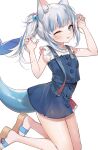  1girl ;p animal_ear_fluff animal_ears arms_up bag bangs bare_arms bare_legs bare_shoulders blue_eyes blue_nails blue_skirt blue_vest blunt_bangs blush cat_ears claw_pose eyebrows_visible_through_hair fish_tail gawr_gura high-waist_skirt highres hololive hololive_english jumping kemonomimi_mode looking_at_viewer machi_(7769) nail_polish one_eye_closed open_mouth ponytail sandals shark_tail sidelocks skirt smile solo tail tongue tongue_out upper_teeth v-shaped_eyebrows vest virtual_youtuber 