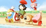 2girls 3boys adeleine ado_(kirby) beach bulging_eyes crystal_shards fairy king_dedede kirby kirby_(series) kirby_64 multiple_boys multiple_girls nintendo ocean palm_tree pokko_(pokkokirby427) ribbon_(kirby) rock surprised tree waddle_dee 