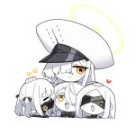  4girls absurdres black_bow black_mask blindfold blue_archive blush bow chibi colored_skin commentary_request covered_eyes ein_(blue_archive) hair_over_one_eye halo headpat highres korean_commentary large_hat malkuth_(blue_archive) mask multiple_girls ohr_(blue_archive) open_mouth respirator siblings simple_background sof_(blue_archive) symbol-shaped_pupils triplets white_background white_hair white_skin x-shaped_pupils yanggaengwang yellow_halo 