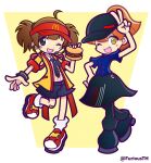  2girls :d ;d ahoge alternate_costume apron arle_nadja arm_up back_ribbon badge bandaid bandaid_on_knee bandaid_on_leg baseball_cap black_apron black_eyes black_hat black_necktie black_pants black_shoes black_shorts blue_shirt blush_stickers border brown_hair burger button_badge collared_shirt commentary crossed_legs crossover cut_bangs employee_uniform fast_food_uniform food full_body furiousth hair_tie hand_on_own_hip happi hat headset highres holding holding_burger holding_food imadake_dabuchi_tabemi japanese_clothes leg_up looking_at_viewer mcdonald's multiple_girls necktie one_eye_closed open_happi open_mouth outstretched_arm pants parody pinky_out pinstripe_pattern pinstripe_shirt ponytail puyopuyo red_hat red_ribbon red_shoes red_trim ribbon shirt shoes short_hair short_ponytail short_sleeves short_twintails shorts smile sneakers socks standing standing_on_one_leg striped_clothes striped_shirt style_parody takenami_hideyuki_(style) tie_clip twintails twitter_username v vertical-striped_clothes vertical-striped_shirt visor_cap waist_apron white_border white_shirt white_socks wristband yellow_background yellow_eyes yellow_happi 