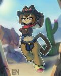  4:5 anthro big_breasts breasts brown_body brown_hair clothing cowboy_hat cowgirl_outfit domestic_cat felid feline felis female fur gameoverse glitch_productions gun hair hat headgear headwear hi_res kit_(gameoverse) lennoxicon lidded_eyes looking_at_viewer mammal navel outside ranged_weapon smile solo tail topwear weapon whiskers 