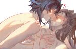  1boy 1girl after_kiss ahoge arknights blue_hair blush brown_hair couple earrings from_side grabbing_another's_breast groping hand_on_another's_shoulder implied_sex jewelry kikan_(kikanoe) long_hair looking_at_another loving_aura nude penance_(arknights) saliva saliva_trail short_hair stud_earrings sweat upper_body very_sweaty vigil_(arknights) wolf_boy wolf_girl 
