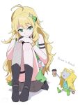  1girl absurdres ahoge arm_strap black_boots black_gloves blonde_hair boots bracelet closed_mouth cup disposable_coffee_cup disposable_cup fingerless_gloves fishnet_thighhighs fishnets gloves green_eyes grey_shorts hair_ornament highres hoshii_miki idolmaster idolmaster_(classic) idolmaster_million_live! idolmaster_million_live!_theater_days jewelry knees_up long_hair mechanization mikibot_(daisukebachi) multiple_bracelets official_alternate_costume ohgi910 robot shorts simple_background single_fingerless_glove single_fishnet_legwear sitting sleeveless smile thighhighs white_background 