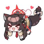  >_< 1girl :d animal_ear_fluff animal_ears beseunaj-jamjaneun_gemdol-i black_hair blue_archive blush chibi fang fox_ears fox_girl fox_tail halo highres long_hair open_mouth red_halo ribbon simple_background skin_fang smile solo tail tail_ornament tail_ribbon wakamo_(blue_archive) white_background 