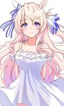  1girl alternate_costume animal_ears bare_shoulders blonde_hair blue_eyes blush breasts closed_mouth commentary_request dress ear_covers hair_between_eyes highres horse_ears horse_girl long_hair looking_at_viewer medium_breasts simple_background single_ear_cover smile solo umamusume victoire_pisa_(umamusume) white_background white_dress yukiya_(shiya) 