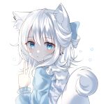  1girl absurdres animal_ear_fluff animal_ears blue_eyes bow ear_piercing earrings extra_ears fang fang_out fox_ears fox_girl fox_tail gauze hair_bow highres jewelry light_smile looking_at_viewer original piercing short_hair skin_fang tail v white_hair yagen_(user_mxur3238) 