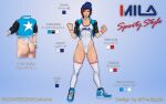  1girl 2019 artist_name ass ass_focus asymmetrical_bangs beanie breasts character_name clenched_hands clothes_writing collarbone color_guide commentary commentary_request dead_or_alive dead_or_alive_6 english_text fighting_game full_body gradient_background hat high_tops highres jacket jiggeh leggings leotard letterman_jacket lips logo looking_at_viewer mila_(doa) multicolored_hair multiple_views nose official_alternate_costume parted_lips red_hair reference_sheet shoes short_hair simple_background sneakers standing straight-on streaked_hair toned toned_female translated turnaround two-tone_hair wristband 