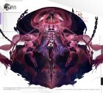  1girl absurdly_long_hair azur_lane black_gloves black_jacket black_thighhighs breasts character_name cleavage copyright_name copyright_notice covering_own_mouth elbow_gloves english_commentary full_body gloves highres iron_blood_(emblem) jacket jacket_on_shoulders large_breasts long_hair looking_at_viewer navel official_art one-piece_swimsuit promotional_art purple_eyes purple_hair revealing_clothes solo swimsuit thigh_strap thighhighs thighs u-2501_(azur_lane) very_long_hair 