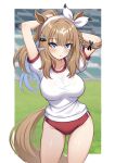  1girl absurdres almond_eye_(umamusume) animal_ears blue_eyes blush bow bow_hairband braid braided_sidelocks breasts brown_hair buruma colored_inner_hair commentary_request gym_shirt hair_between_eyes hair_ornament hairband hairclip highres horse_ears horse_girl horse_tail large_breasts long_hair looking_at_viewer mag_(magburubon) multicolored_hair parted_lips ponytail red_buruma shirt short_sleeves sidelocks solo symbol-shaped_pupils tail umamusume white_hairband white_shirt x-shaped_pupils 
