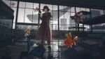  1010kman 1girl blazer blue_eyes brown_coat coat fish fish_tank goldfish gun handgun highres holding holding_gun holding_weapon indoors jacket long_coat medium_hair original pant_suit pants red_hair scenery suit surreal swimming water weapon whale 