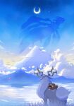  antlers bidoof blue_sky cloud crescent_moon fish giratina giratina_(origin) highres horns magikarp moon mountain natu_a0z0ra no_humans outdoors pokemon pokemon_(creature) riding riding_pokemon scenery sky star_(sky) water wyrdeer 