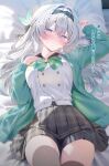  1girl @_@ black_hairband blue_pupils blush bow bowtie buttons checkered_bow checkered_bowtie checkered_clothes commentary_request double-breasted firefly_(honkai:_star_rail) firefly_(spring_missive)_(honkai:_star_rail) gradient_eyes green_bow green_bowtie green_pupils grey_hairband grey_sailor_collar grey_skirt hair_intakes hairband hand_up highres honkai:_star_rail honkai_(series) long_hair looking_at_viewer lying multicolored_eyes on_back pekokota plaid_bow plaid_bowtie plaid_clothes sailor_collar skirt solo two-tone_eyes 