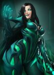  1girl black_hair black_lips bodysuit breasts commentary english_commentary green_eyes hair_down hela_(marvel) highres long_hair marvel marvel_rivals smile solo suddakka 