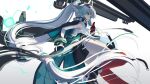  1girl absurdly_long_hair absurdres aqua_hair arcane_(arknights) arknights arknights:_endfield black_boots black_gloves black_skirt boots chinese_commentary commentary elbow_gloves english_commentary feathered_wings floating floating_object floating_weapon gloves gradient_hair green_eyes head_wings highres long_hair mixed-language_commentary multicolored_gloves multicolored_hair ponytail red_gloves rui_(rei_leyi) shirt side_slit skirt solo two-tone_hair very_long_hair white_gloves white_hair white_shirt wings 