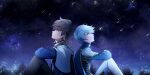  2boys back-to-back black_pants black_shirt brown_hair cape closed_mouth from_side highres kikku1128 long_sleeves looking_up male_focus mikleo_(tales) multiple_boys pants profile shirt short_hair silver_hair sitting sky smile sorey_(tales) star_(sky) starry_sky tales_of_(series) tales_of_zestiria white_cape white_pants 