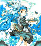  1girl abstract_background absurdres apron black_dress blue_eyes blue_hair blue_theme bow breasts bush coffee coffee_mug coffee_pot commentary_request cup dress eudetenis floating flower frilled_apron frills from_side hair_bow highres holding holding_tray long_hair long_sleeves looking_at_viewer maid maid_apron maid_headdress mug multicolored_eyes original outdoors plant puffy_sleeves shikishi short_bangs sidelocks signature small_breasts smile solo tareme traditional_media tray two-tone_eyes water_drop wavy_hair white_apron white_wrist_cuffs wrist_cuffs yellow_eyes 