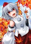  1girl arm_warmers black_sleeves breasts commentary_request cowboy_shot day detached_sleeves dutch_angle fang grey_hair hat highres holding holding_leaf inubashiri_momiji leaf leaf_print looking_at_viewer maple_leaf maple_leaf_print maple_tree medium_breasts medium_hair open_mouth outdoors red_eyes red_hat red_skirt shirt skirt sleeveless sleeveless_shirt smile solo suikyou_(aqua_cities) tokin_hat touhou tree water waterfall white_shirt white_sleeves 