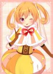  1girl :p ;p absurdres blush brown_gloves bubble_skirt buttons capelet closed_mouth commentary_request cowboy_shot dot_nose dress elbow_gloves fur-trimmed_capelet fur_trim gloves hair_ornament hand_up heart highres light_blush looking_at_viewer magical_girl mahou_shoujo_madoka_magica mahou_shoujo_madoka_magica:_walpurgis_no_kaiten moyataso multicolored_capelet multicolored_dress needle one_eye_closed orange_capelet orange_dress orange_hair pink_eyes plaid_background red_ribbon ribbon ribbon-trimmed_capelet ribbon_trim selma_therese selma_therese_(magical_girl) sewing_needle sewing_pin short_twintails skirt smiile solo straight-on tongue tongue_out twintails white_capelet white_dress yellow_capelet yellow_dress 