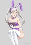 1girl :o alternate_costume animal_ear_hairband animal_ears book bow bowtie breasts canadiananiguy detached_collar fake_animal_ears fake_tail female_robin_(fire_emblem) fire_emblem fire_emblem_awakening gloves grey_hair hairband highres holding holding_book leotard long_hair medium_breasts open_book open_mouth playboy_bunny purple_bow purple_bowtie purple_hairband purple_leotard rabbit_ears rabbit_tail sitting solo tail thighhighs twintails white_gloves white_leotard white_thighhighs 