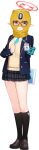  1girl arm_behind_back armband ayane_(blue_archive) balaclava black_hair black_skirt black_socks blue_archive blue_jacket blue_necktie brown_shoes buttons clenched_hand closed_mouth clothes_writing covered_face full_body game_asset glasses halo hand_on_own_chest hand_up happy highres holding holding_tablet_pc hwansang id_card jacket kneehighs large_variant_set layered_sleeves legs legs_together looking_at_viewer miniskirt necktie official_art open_clothes open_jacket plaid_clothes plaid_skirt pleated_skirt pocket pointy_ears red-framed_eyewear red_halo safety_pin school_uniform shirt shoes simple_background skirt smile socks solo standing sweater tablet_pc tachi-e thighs third-party_source transparent_background variant_set white_shirt yellow_eyes yellow_sweater 