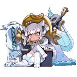  1girl :/ absurdres ahoge alolan_vulpix alternate_color animal_ears blue_eyes braid cape chien-pao crossed_legs crossover crown double_bun epaulettes fox_ears fox_girl fox_tail froslass full_body fur-trimmed_cape fur_trim gloves gold_crown hair_between_eyes hair_bun hand_rest hand_up highres hololive horns jadea5124 long_hair looking_at_viewer mega_froslass mini_crown official_alternate_costume official_alternate_hairstyle on_throne pokemon pokemon_(creature) serious shiny_pokemon shirakami_fubuki shirakami_fubuki_(fbkingdom) side_braid sidelocks simple_background sitting sword tail thighhighs throne virtual_youtuber weapon white_background white_gloves white_hair white_theme white_thighhighs 