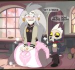abdl anthro big_diaper blush bone canid canid_demon clenched_teeth clothed clothing demon diaper diaper_puff digit_ring disney duo ear_piercing eda_clawthorne fangs female finger_ring grey_hair hair heterochromia hi_res humanoid jewelry jupiters king_clawthorne kneeling male mammal piercing pink_diaper ring skull skull_head teeth the_owl_house titan_(the_owl_house) wearing_diaper witch_(the_owl_house) yellow_sclera
