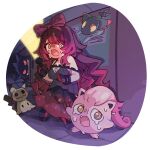  1girl @_@ absurdres black_dress bow bow_hairband breasts brown_hair cleavage cleavage_cutout clothing_cutout commentary_request crossover crying deformed dreepy dress dripping_eye flashlight frilled_dress frills gengar gloves gradient_hair hair_bow hair_over_one_eye hairband highres holding holding_flashlight hololive indoors jadea5124 large_breasts layered_dress long_hair mechanical_hands mimikyu multicolored_hair official_alternate_costume official_alternate_hairstyle open_mouth pokemon pokemon_(creature) purple_hair red_dress red_hair red_hairband roboco-san roboco-san_(night_dress) scared scream_tail screaming see-through_cleavage see-through_clothes see-through_dress_layer see-through_sleeves sweat swept_bangs tears two-tone_dress two-tone_hair very_long_hair virtual_youtuber yellow_eyes 